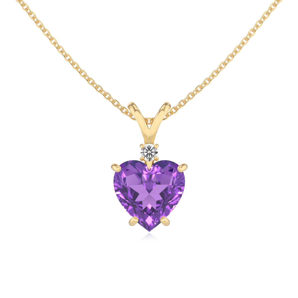 lab grown amethyst heart solitaire v-bale necklaces in yellow gold 