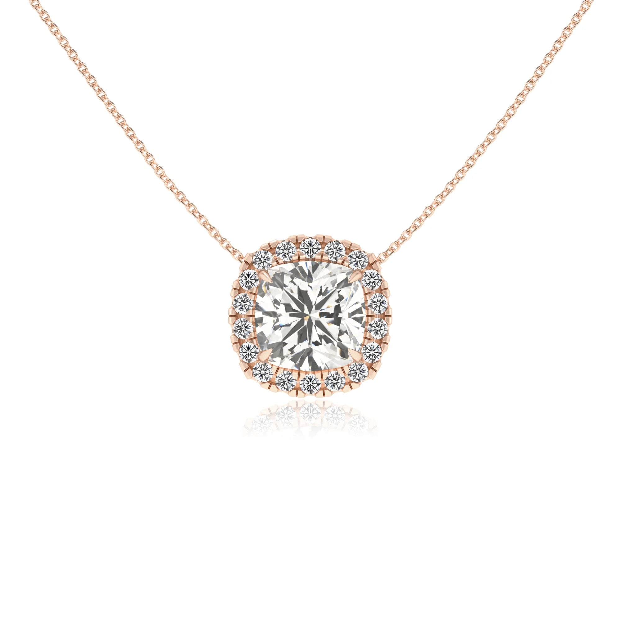 lab grown moissanite cushion solitaire necklaces in rose gold 
