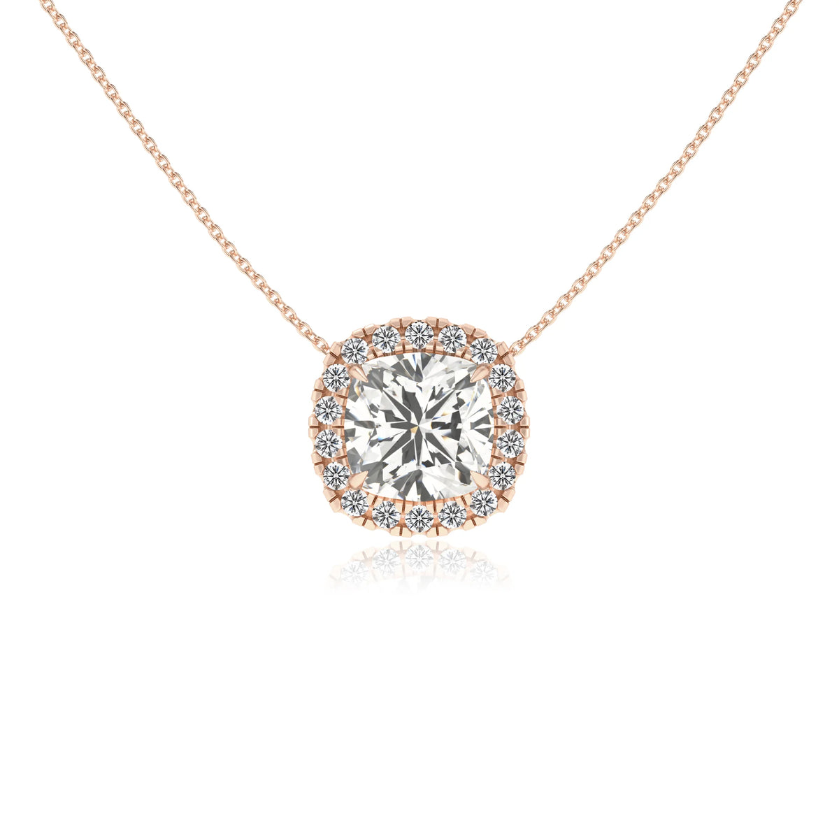 lab grown moissanite cushion solitaire necklaces in rose gold 
