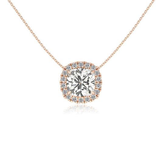 lab grown moissanite cushion solitaire necklaces in rose gold 