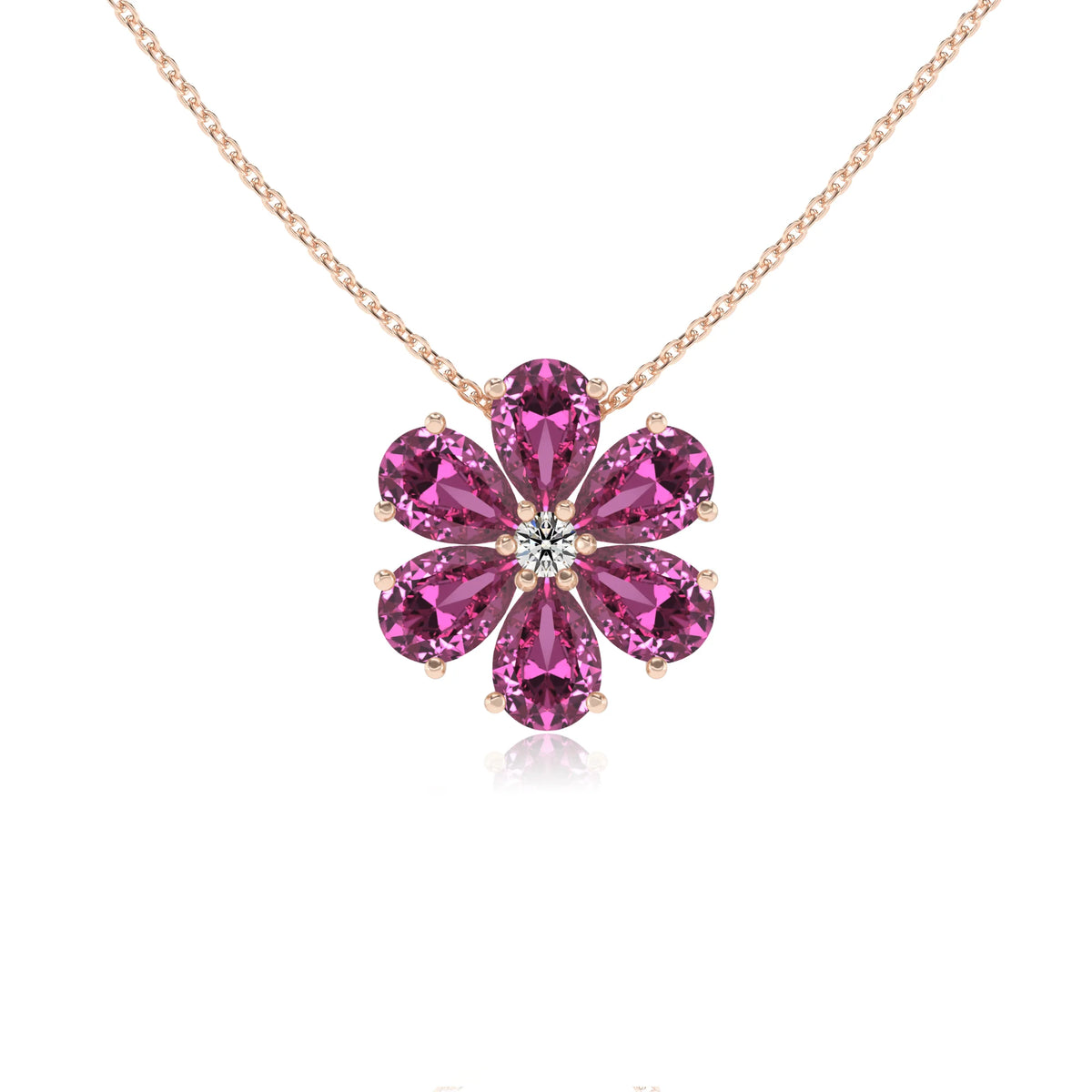 lab grown pink-sapphire pear solitaire necklaces in rose gold 