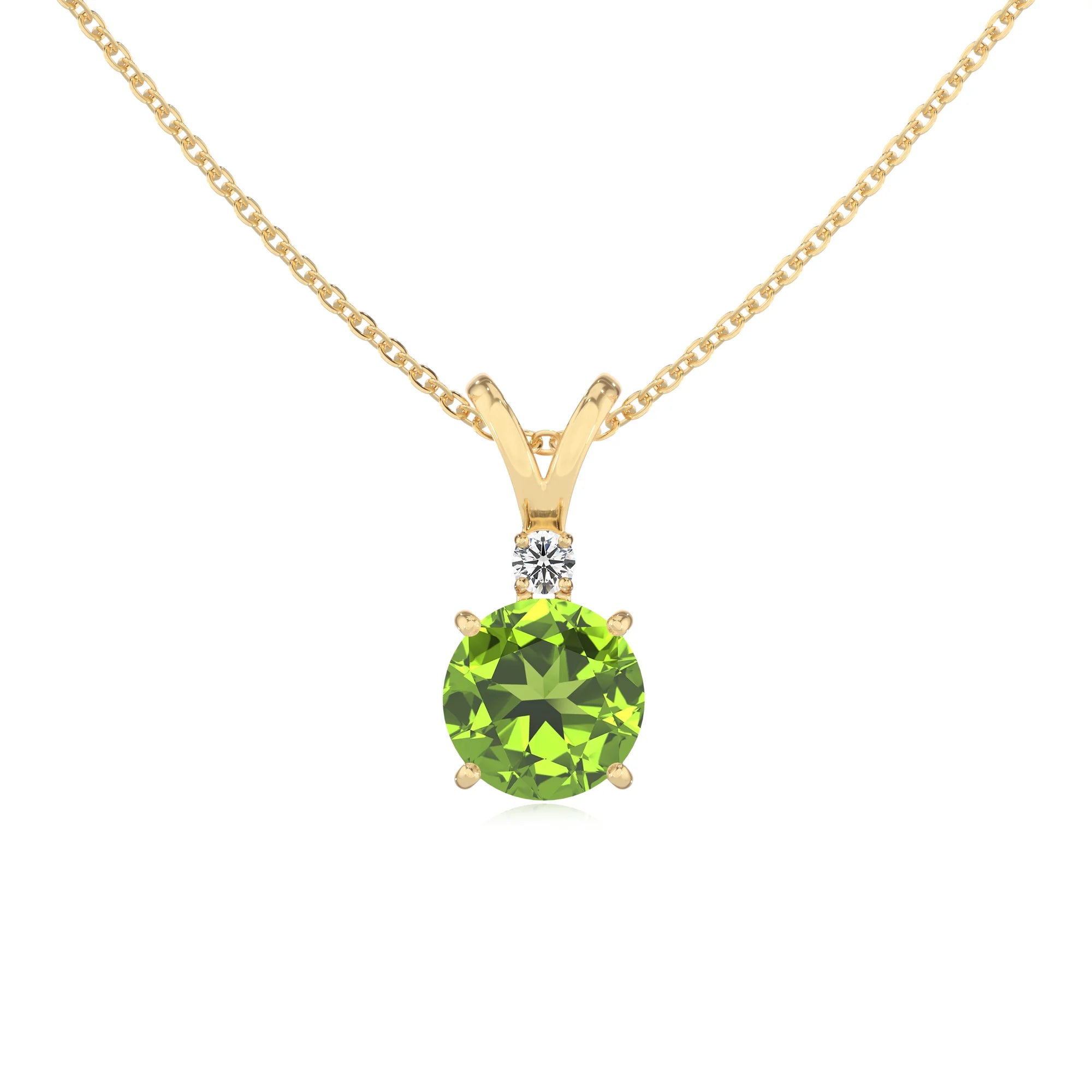 natural peridot round solitaire v-bale necklaces in yellow gold 