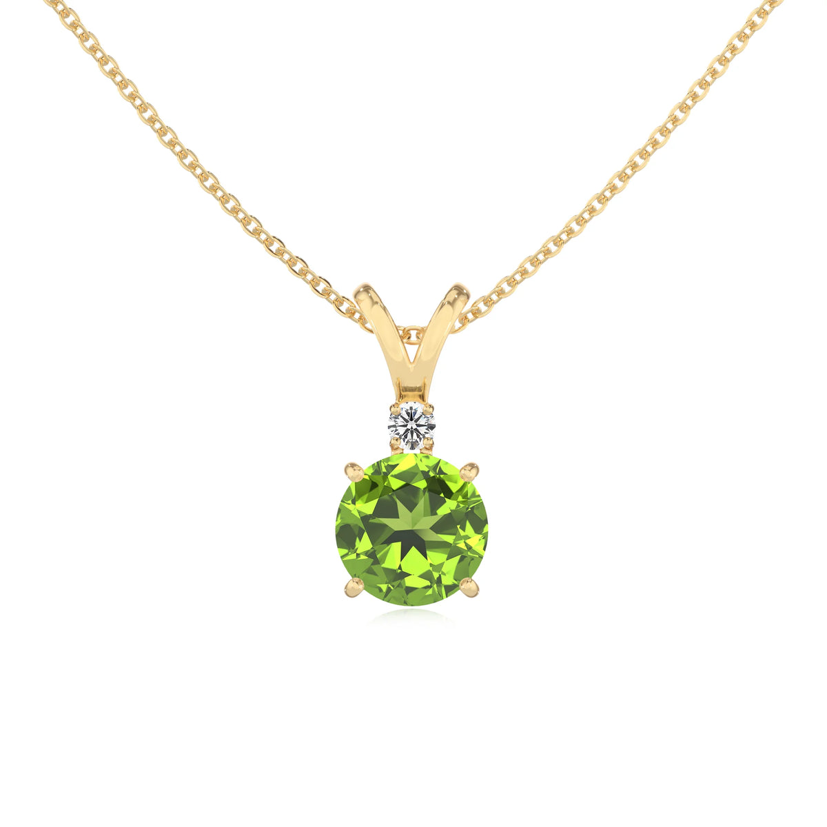 natural peridot round solitaire v-bale necklaces in yellow gold 