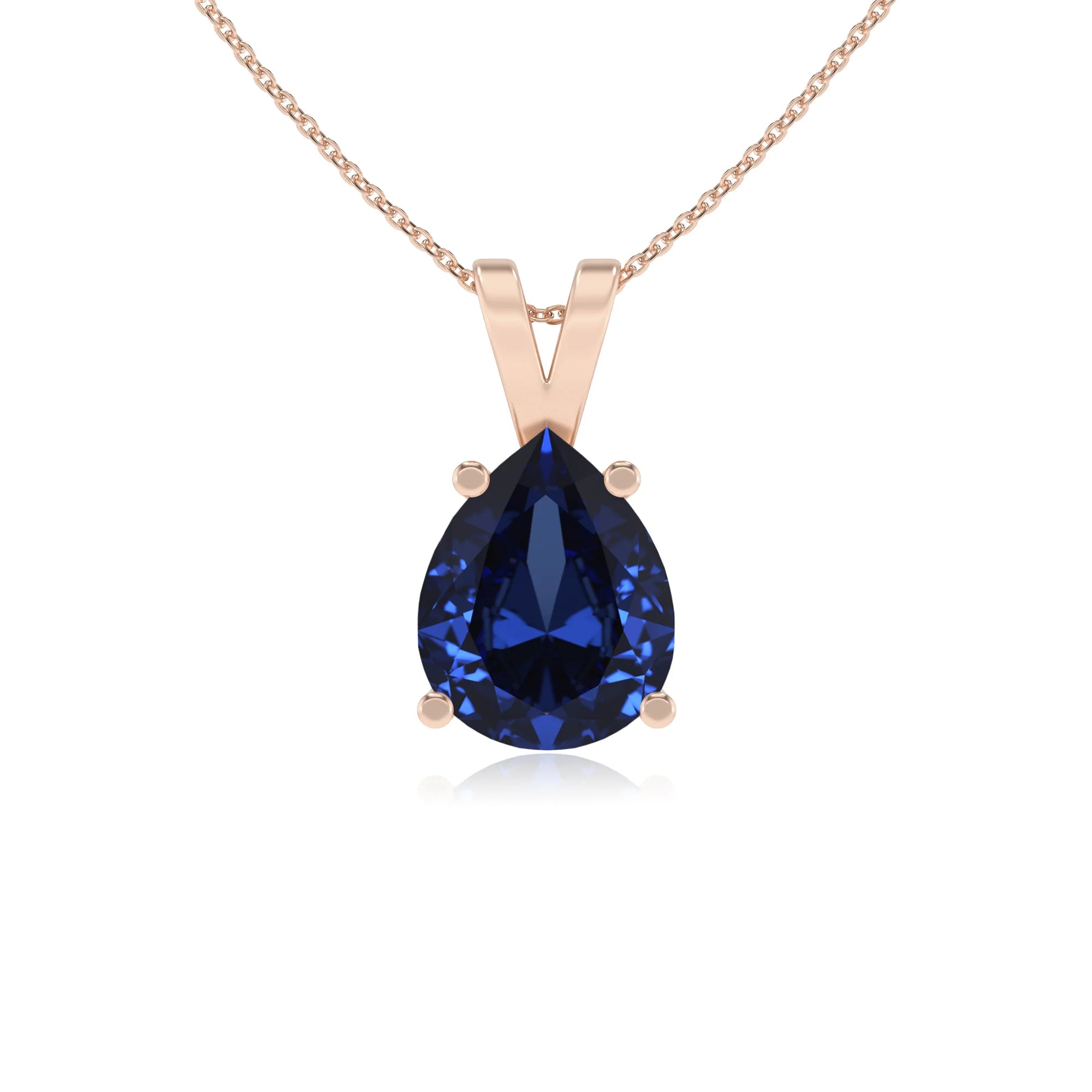 lab grown blue-sapphire pear solitaire v-bale necklaces in rose gold 
