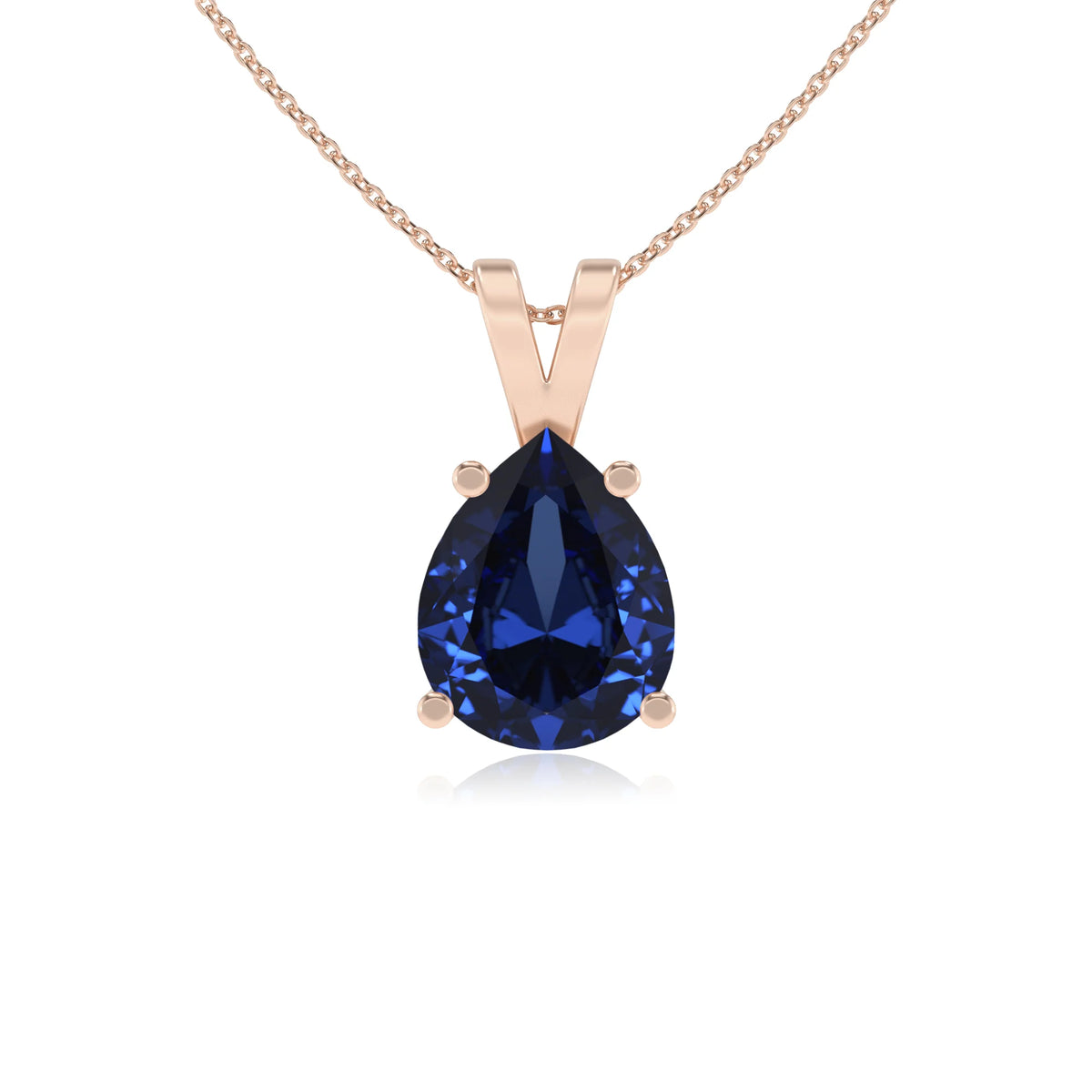 lab grown blue-sapphire pear solitaire v-bale necklaces in rose gold 