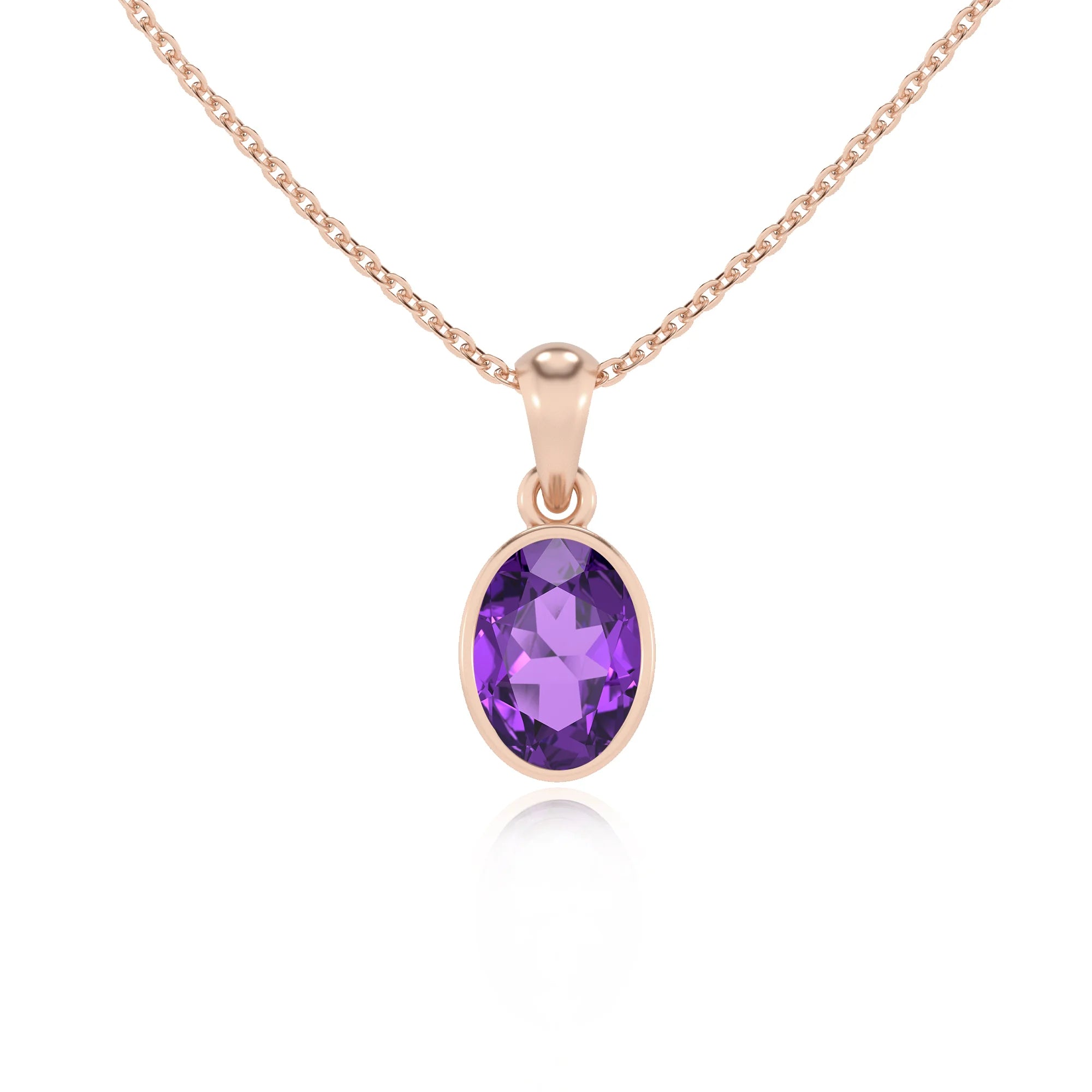 lab grown amethyst oval solitaire necklaces in rose gold 