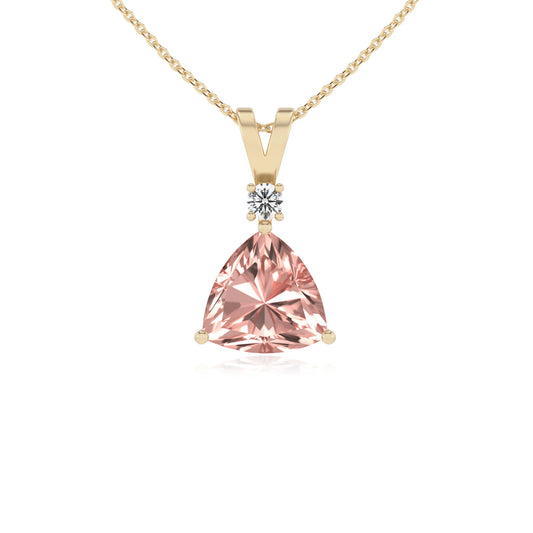 lab grown morganite trillion solitaire v-bale necklaces in yellow gold 