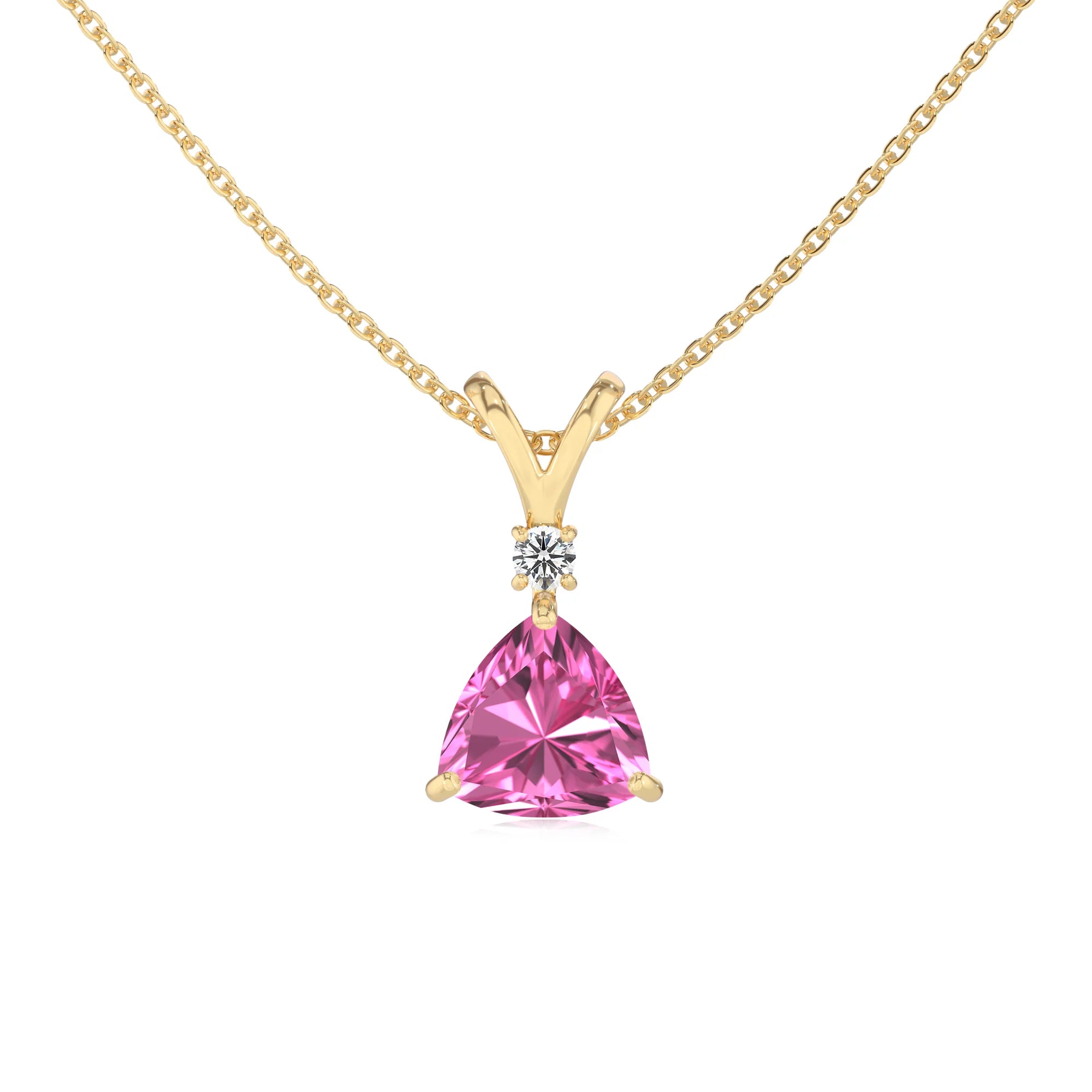 lab grown pink-sapphire trillion solitaire v-bale necklaces in yellow gold 