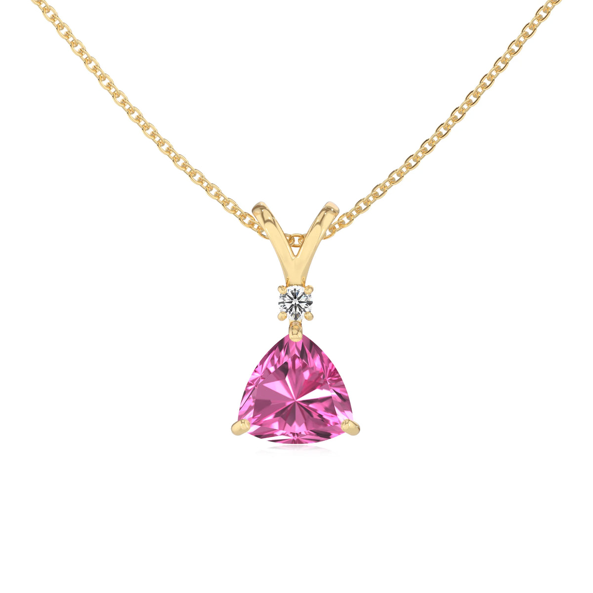 lab grown pink-sapphire trillion solitaire v-bale necklaces in yellow gold 