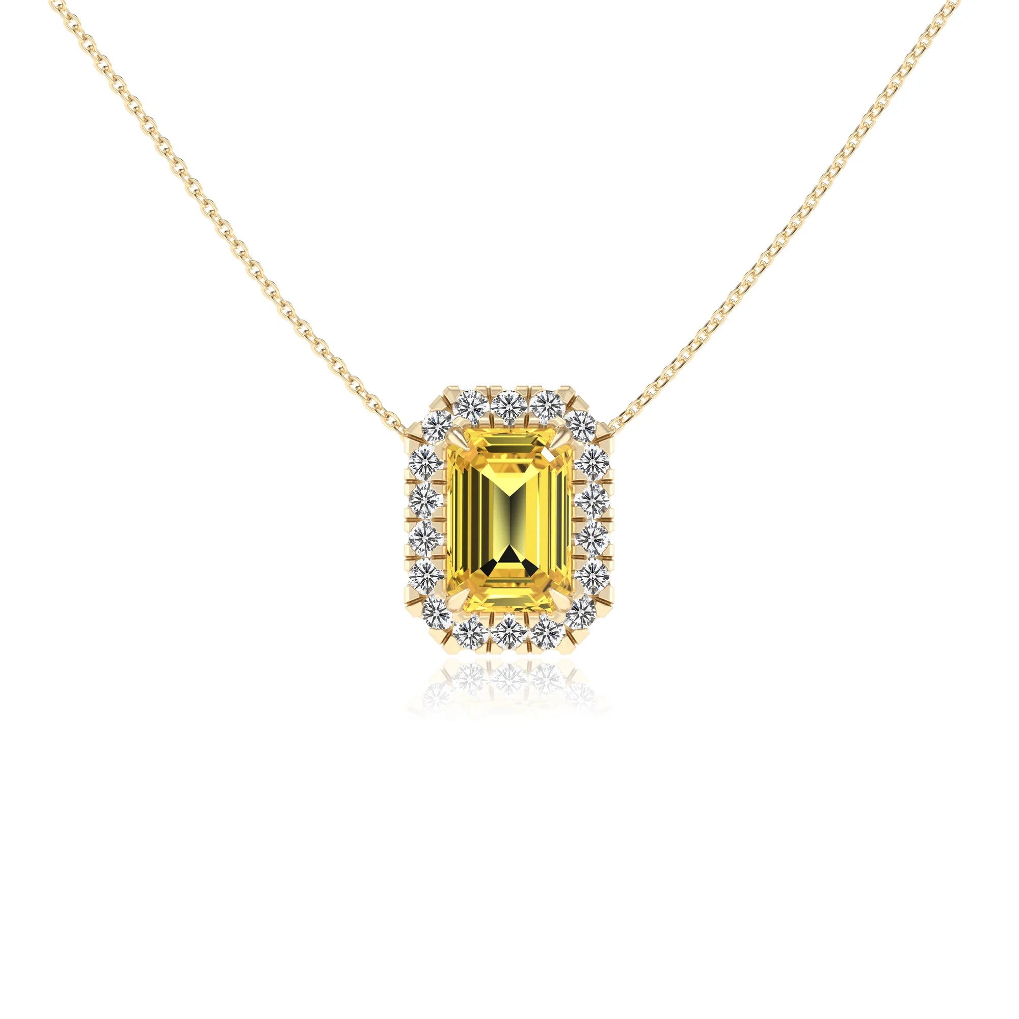 lab grown yellow sapphire emerald cut solitaire necklaces in yellow gold 