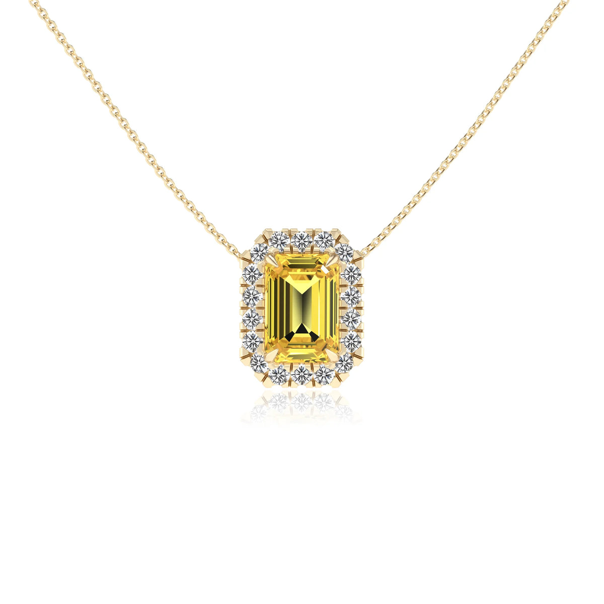 lab grown yellow sapphire emerald cut solitaire necklaces in yellow gold 