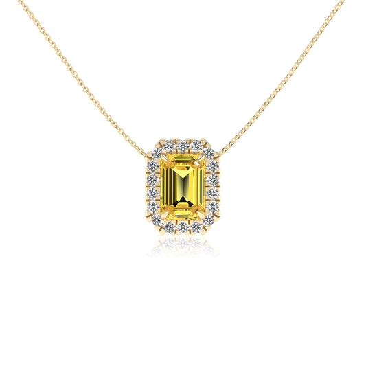 lab grown yellow sapphire emerald cut solitaire necklaces in yellow gold 
