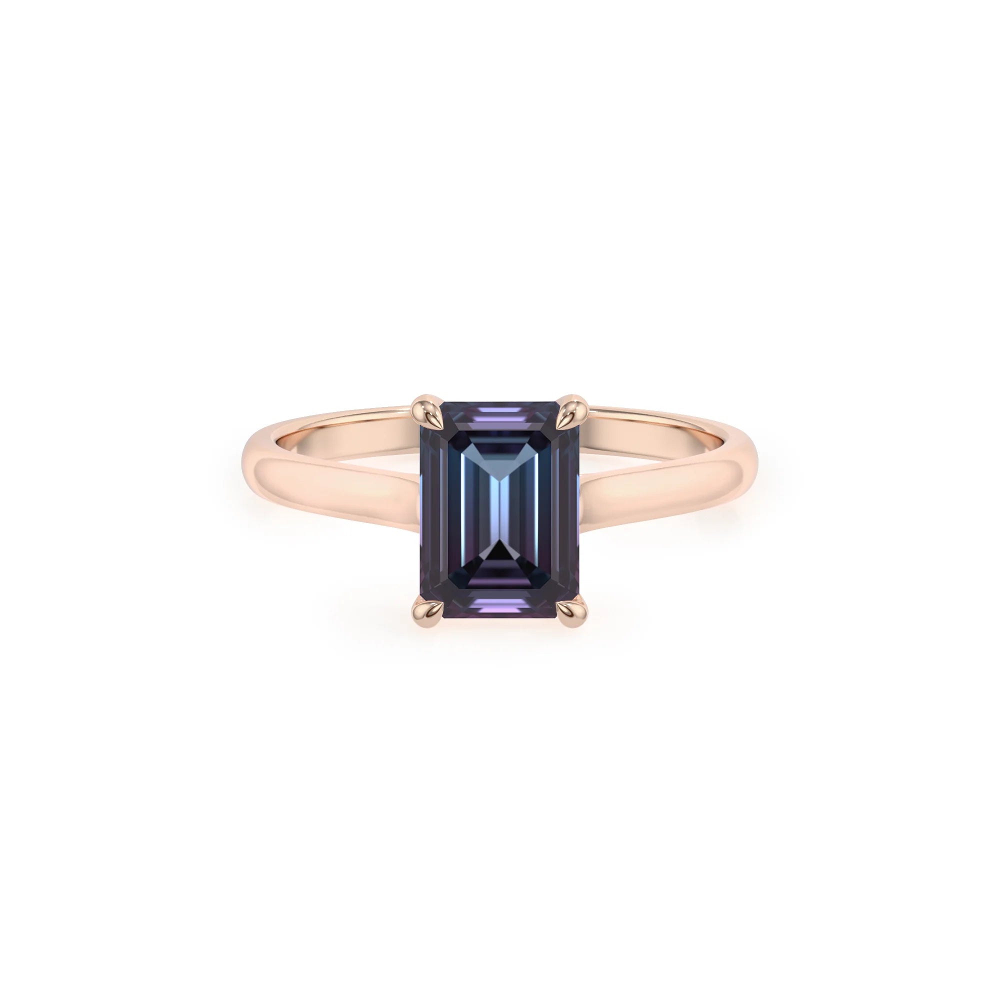 lab grown alexandrite emerald cut solitaire rings in rose gold 