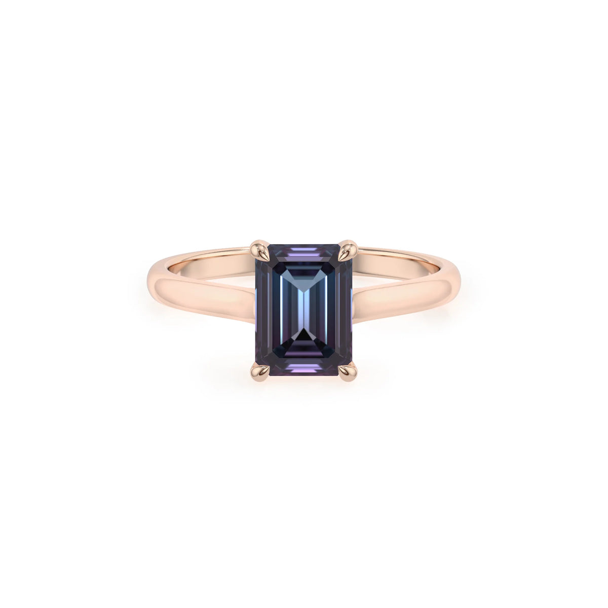 lab grown alexandrite emerald cut solitaire rings in rose gold 