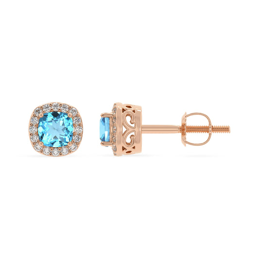 natural swiss blue topaz cushion stud earrings in rose gold 
