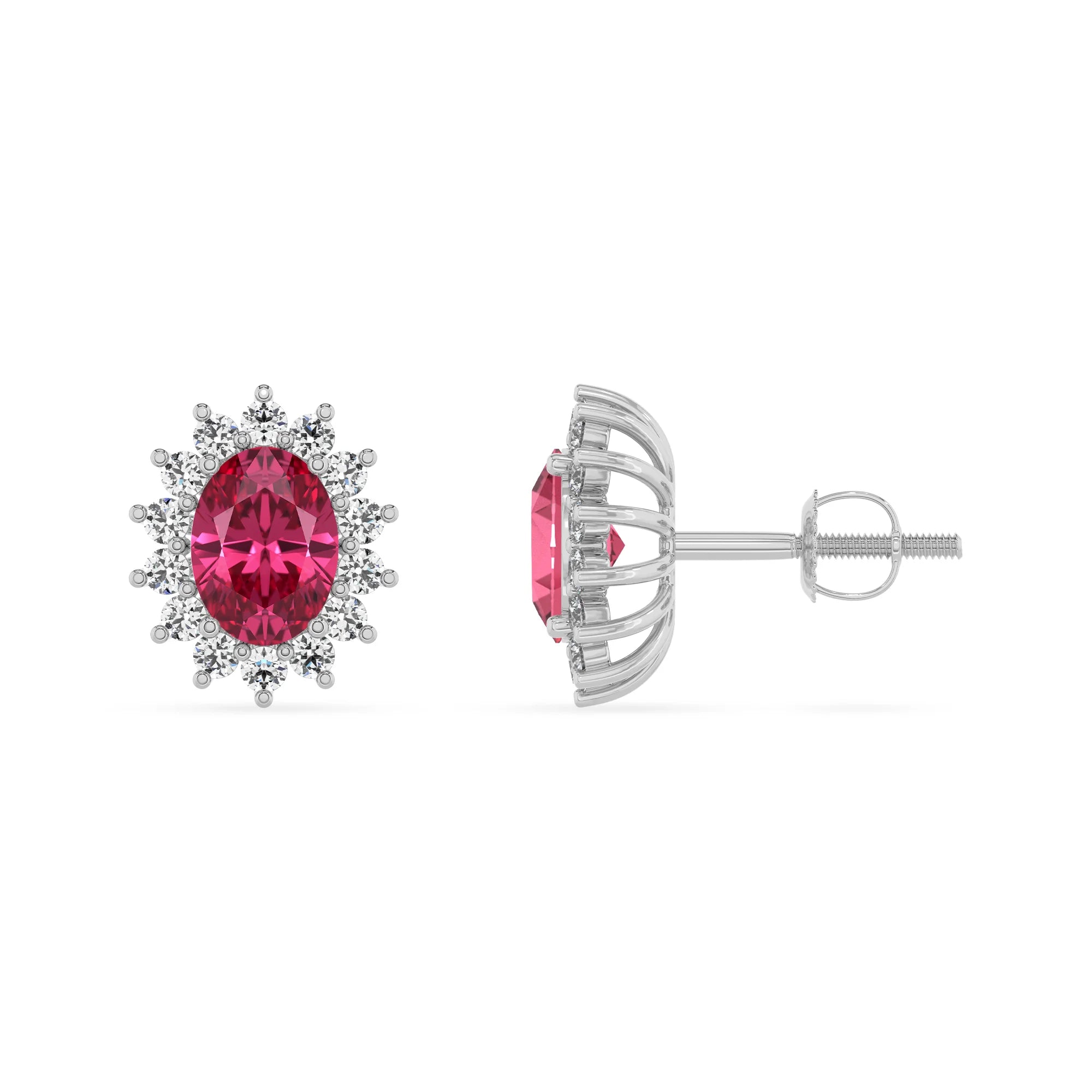 lab grown pink tourmaline oval stud earrings in white gold 