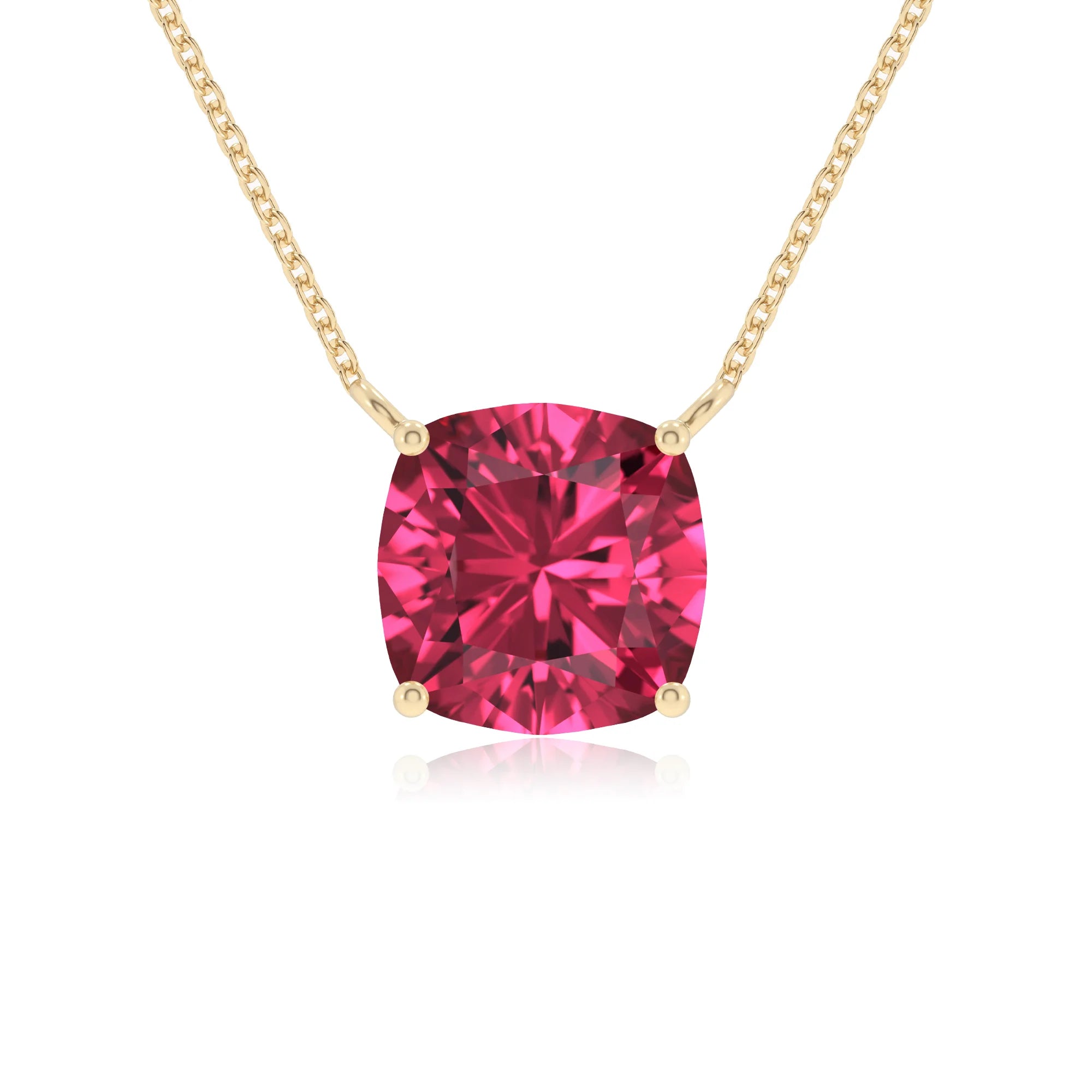 lab grown pink-tourmaline cushion solitaire necklaces in yellow gold 