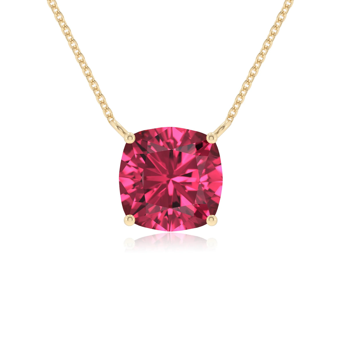 lab grown pink-tourmaline cushion solitaire necklaces in yellow gold 