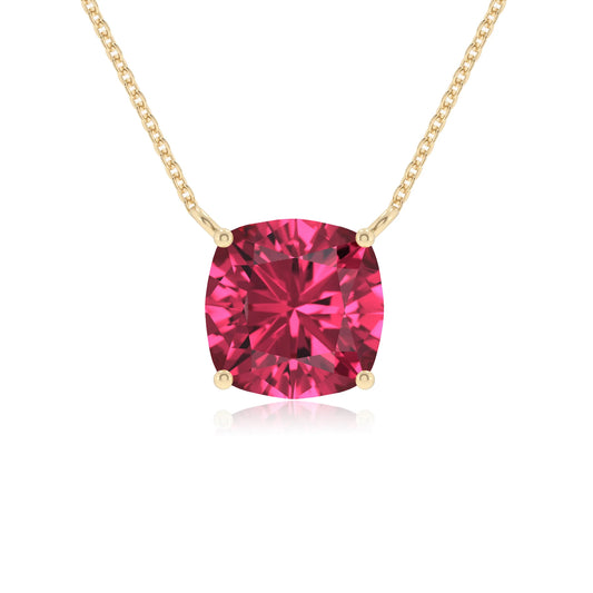 lab grown pink-tourmaline cushion solitaire necklaces in yellow gold 