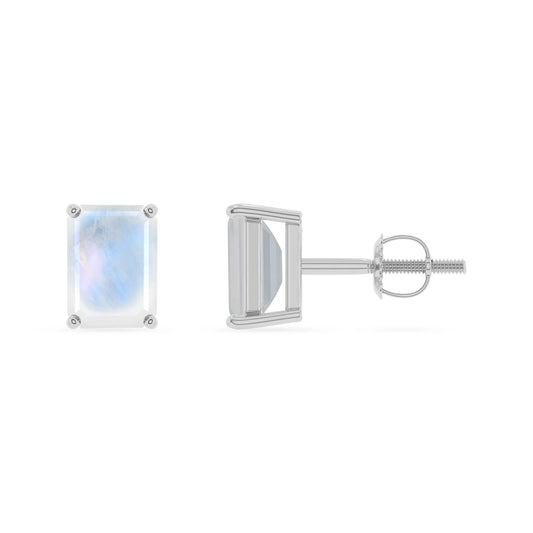 natural rainbow moonstone emerald cut stud earrings in white gold 