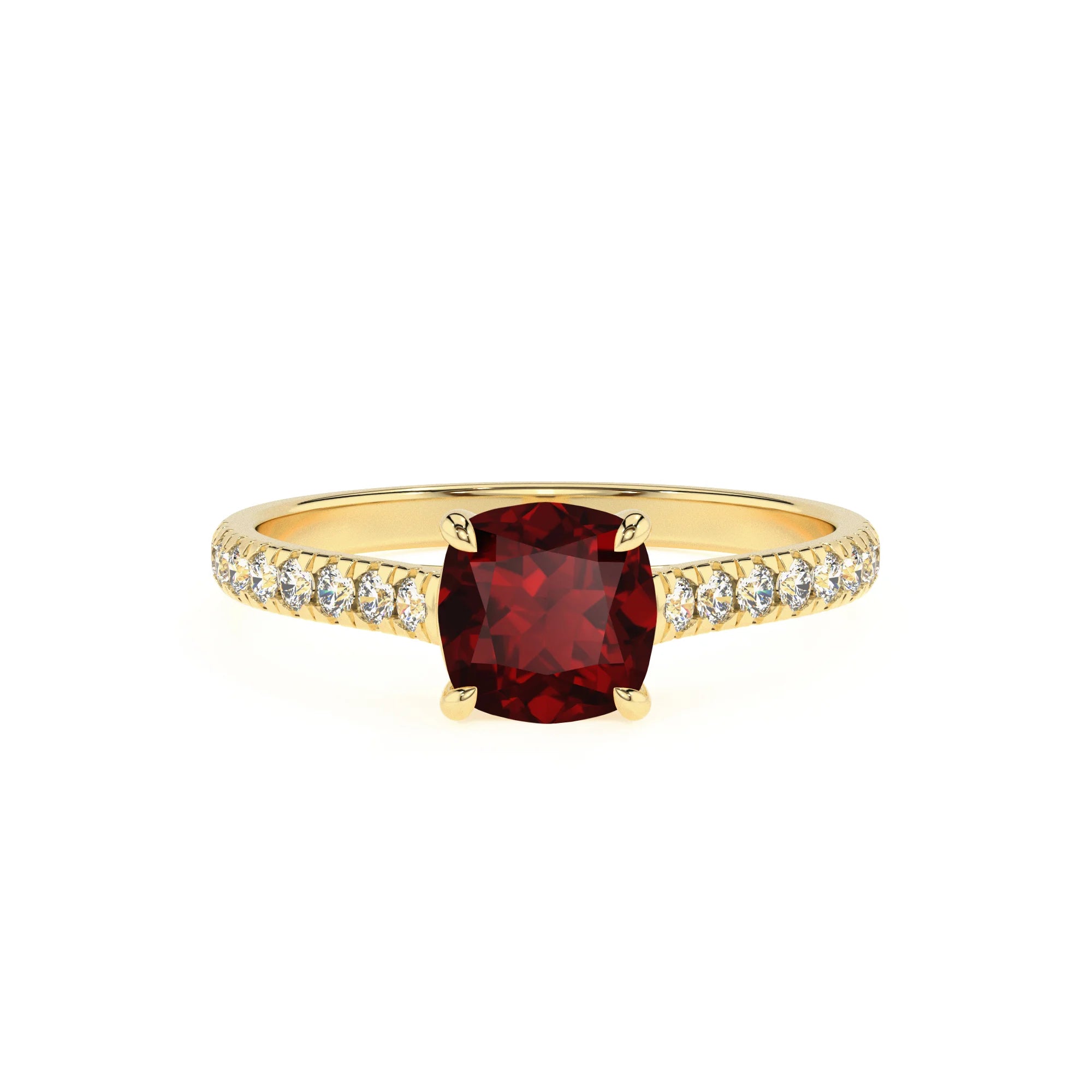 natural garnet cushion half eternity solitaire engagement rings in yellow gold 