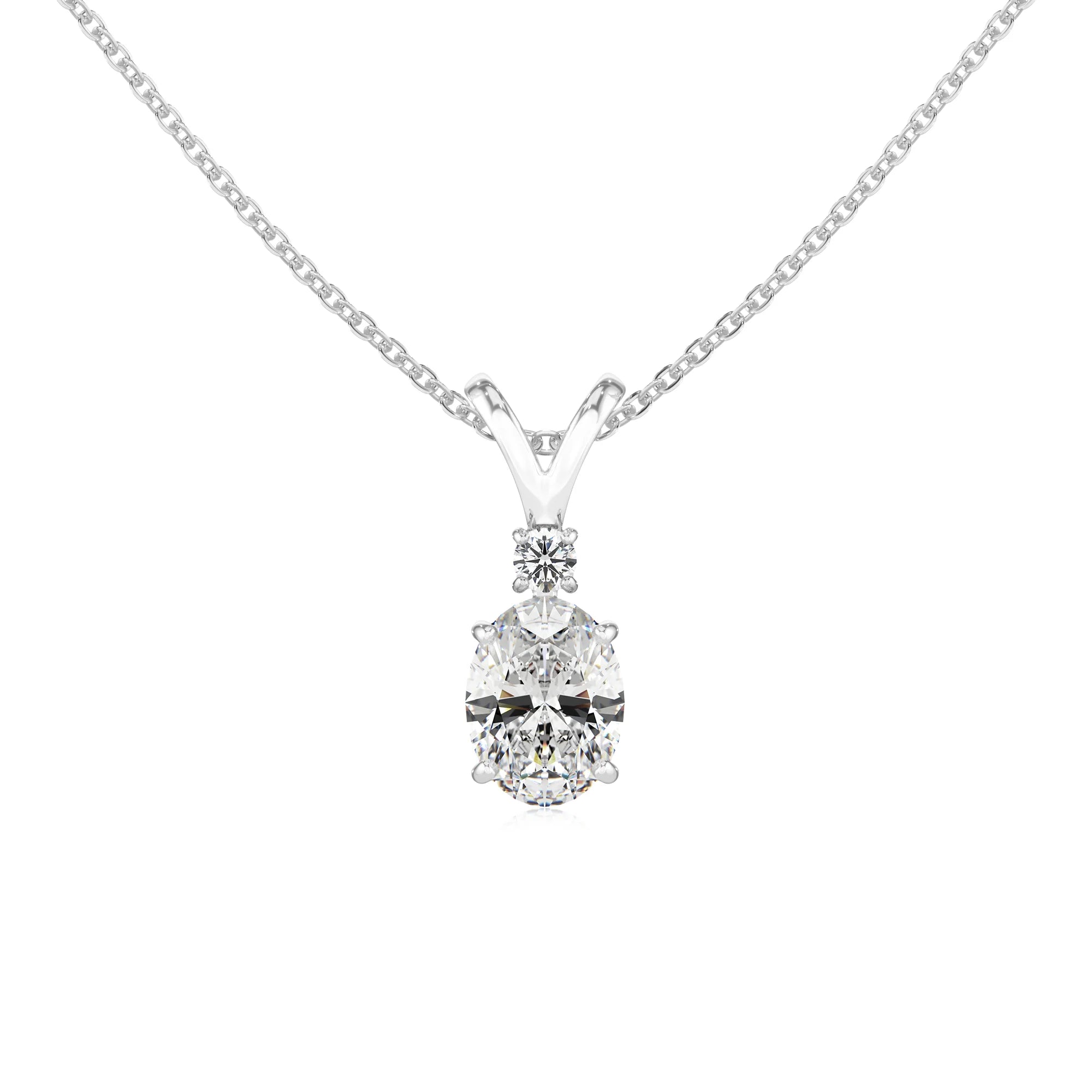 lab grown moissanite oval solitaire v-bale necklaces in white gold 