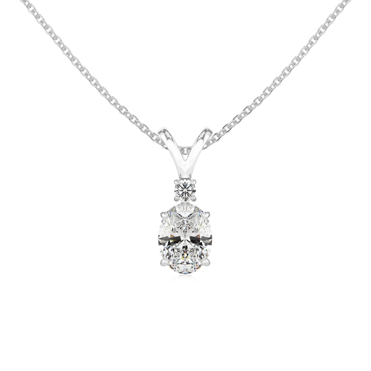 lab grown moissanite oval solitaire v-bale necklaces in white gold 