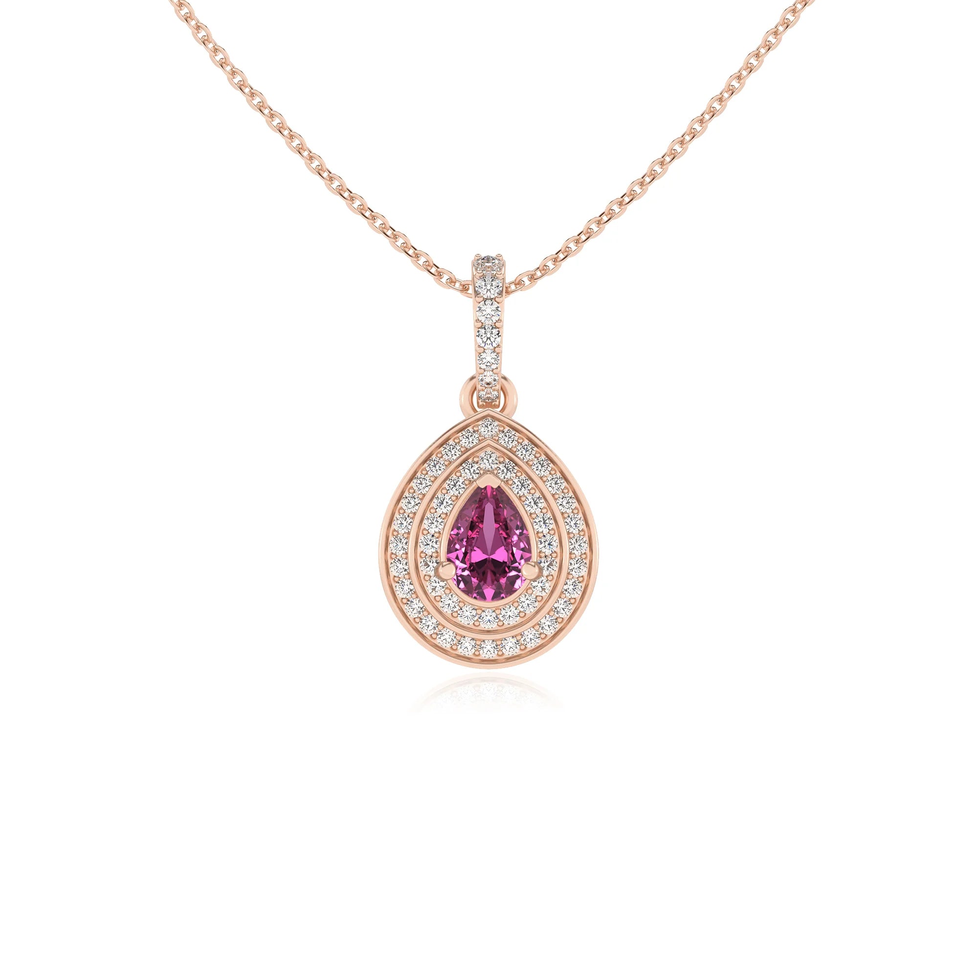 lab grown pink-sapphire pear halo necklaces in rose gold 