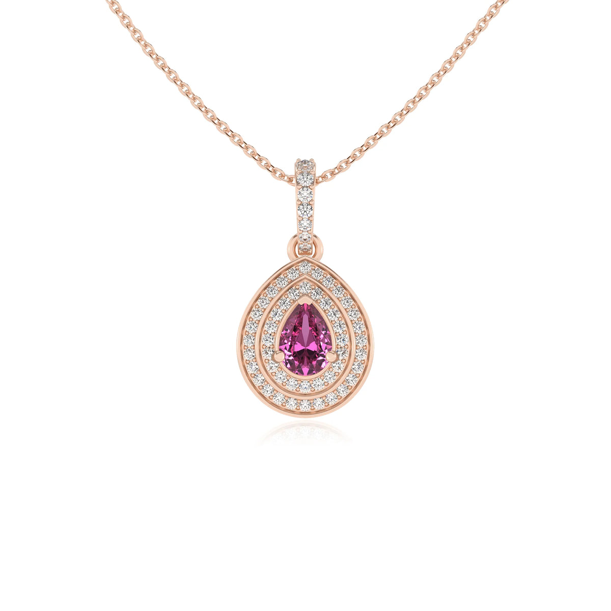 lab grown pink-sapphire pear halo necklaces in rose gold 