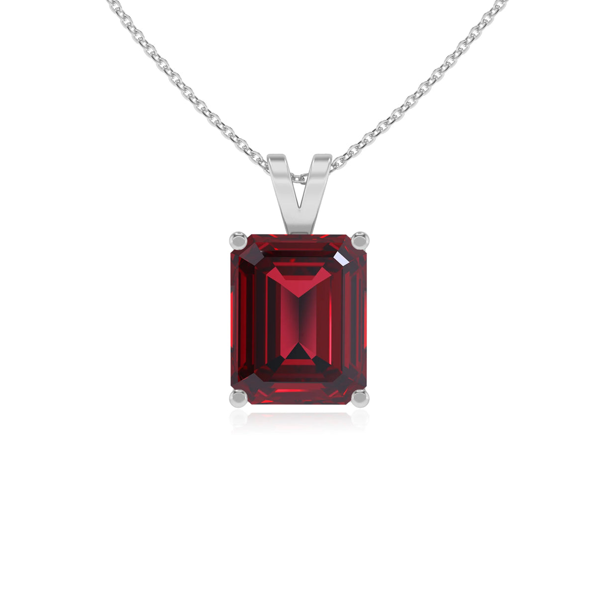 lab grown ruby emerald cut solitaire v-bale necklaces in platinum 