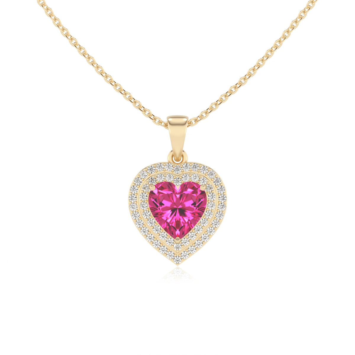 lab grown pink sapphire heart halo necklaces in yellow gold 