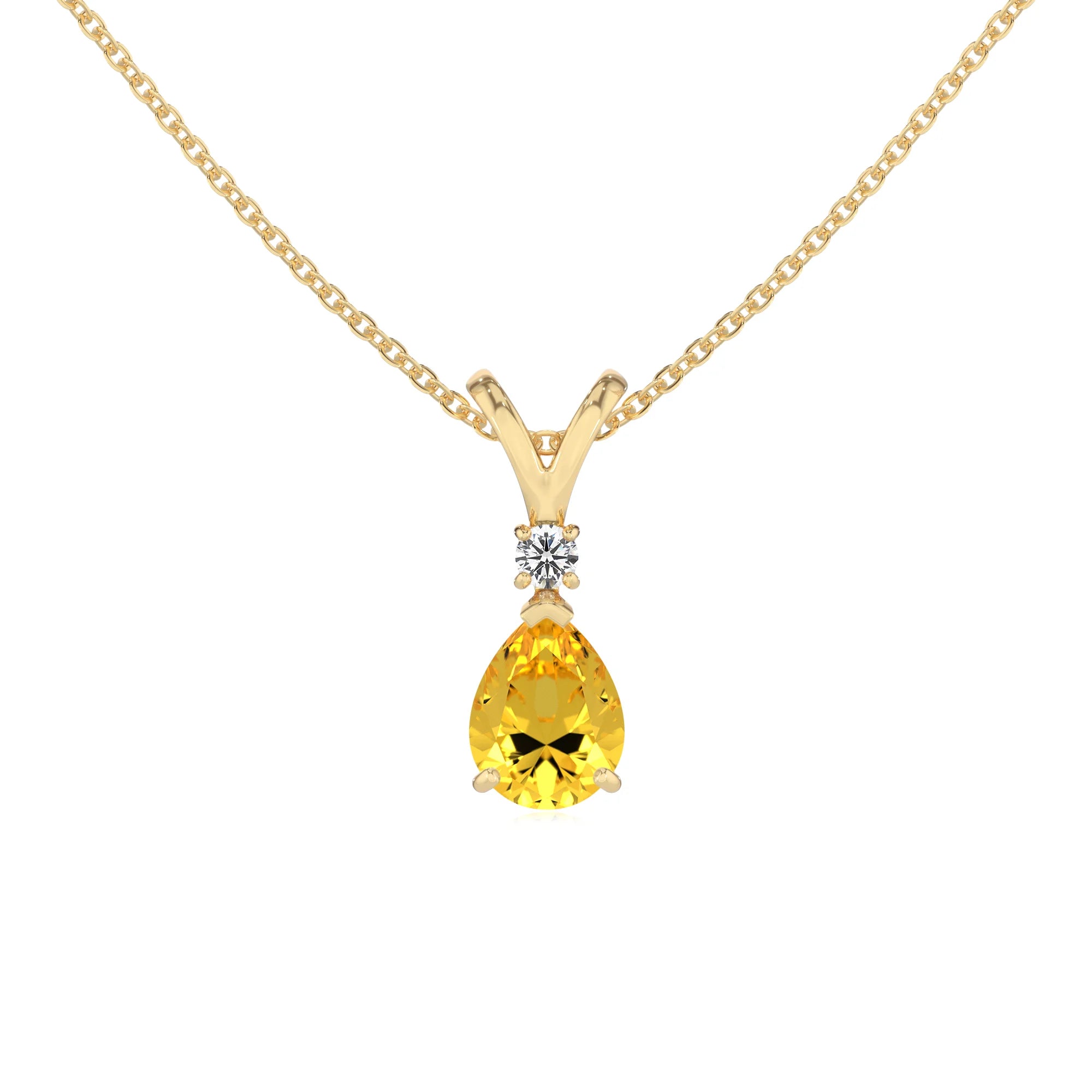 lab grown yellow-sapphire pear solitaire v-bale necklaces in yellow gold 