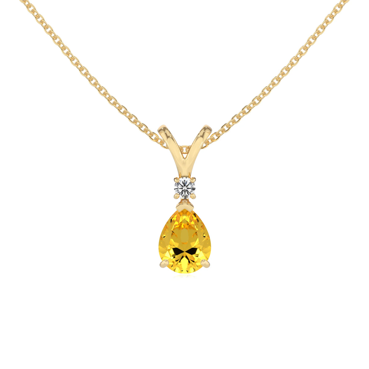 lab grown yellow-sapphire pear solitaire v-bale necklaces in yellow gold 