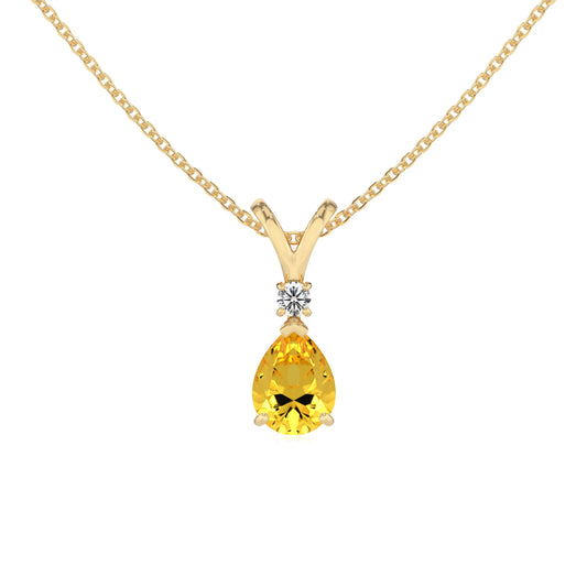 lab grown yellow-sapphire pear solitaire v-bale necklaces in yellow gold 