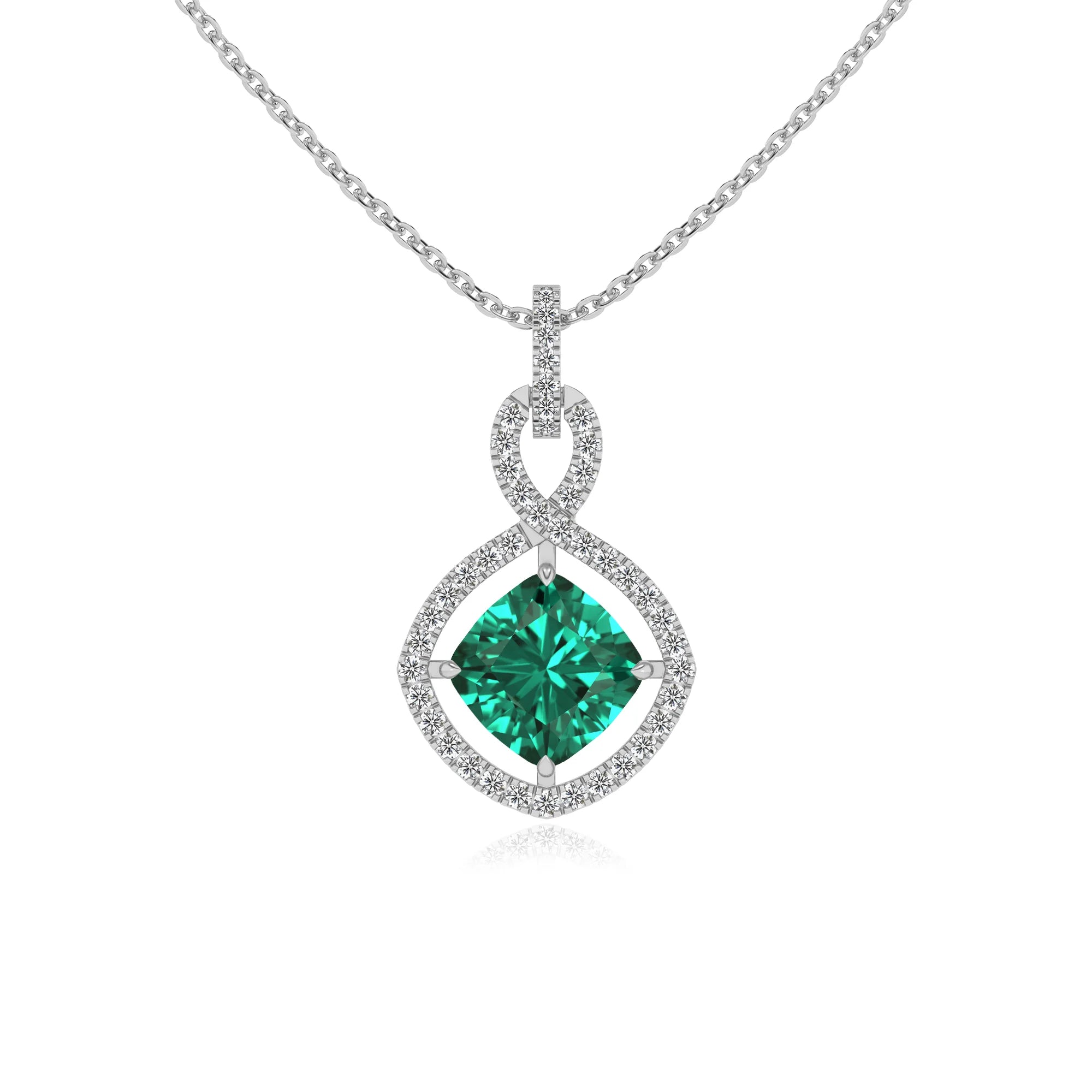 lab grown emerald cushion infinity necklaces in sterling silver 