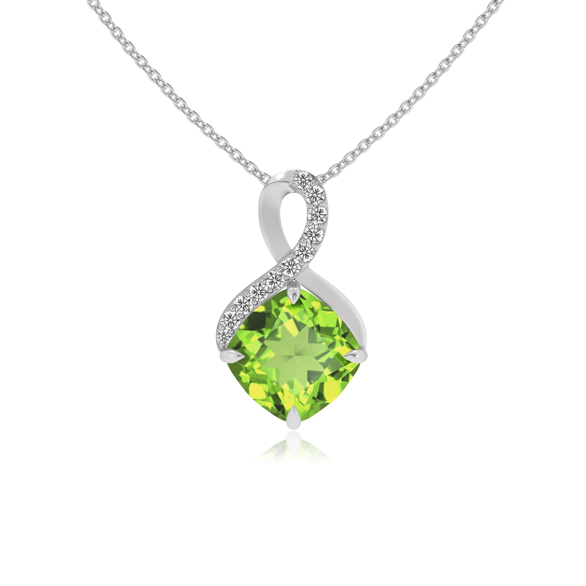 natural peridot cushion infinity necklaces in platinum 
