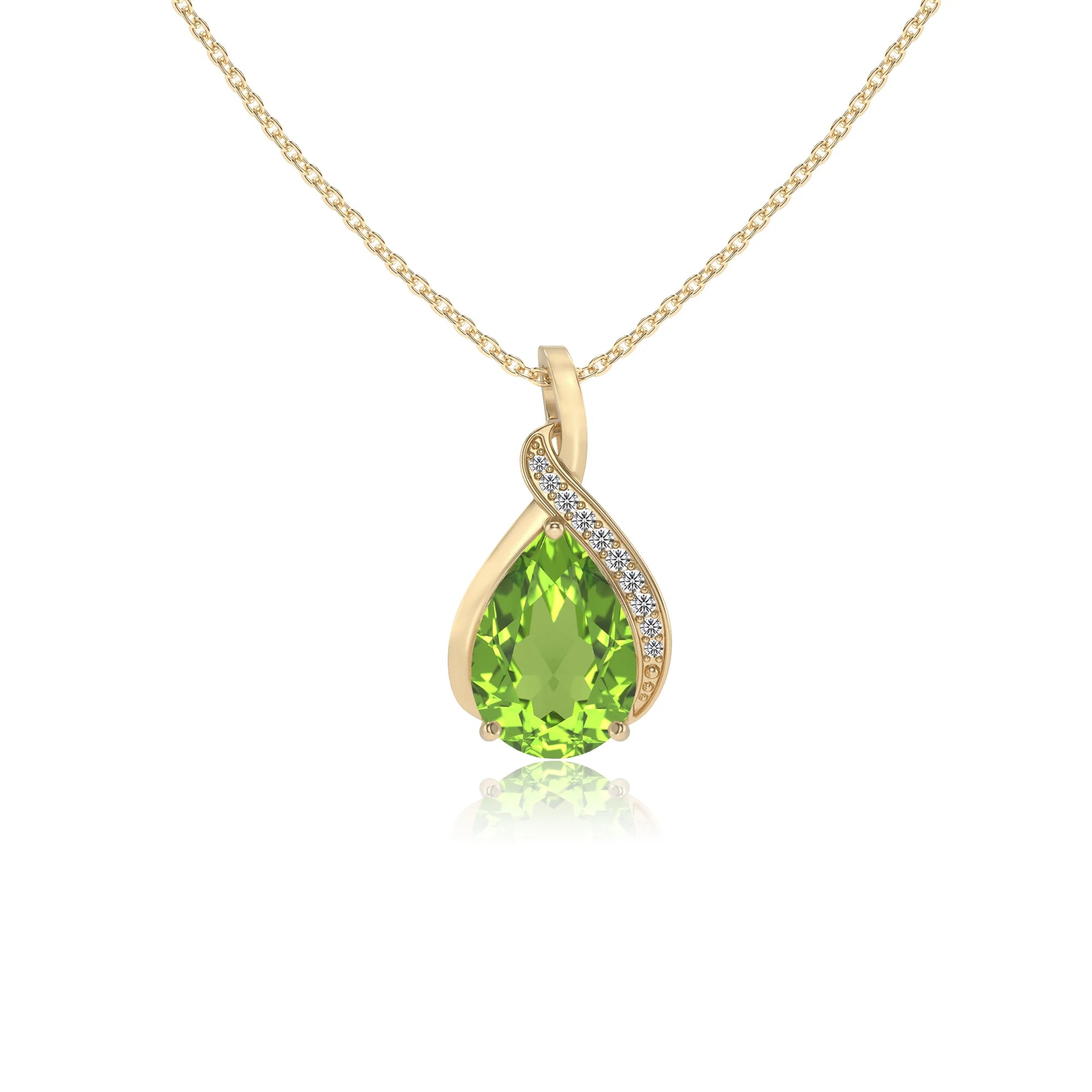 natural peridot pear solitaire necklaces in yellow gold 