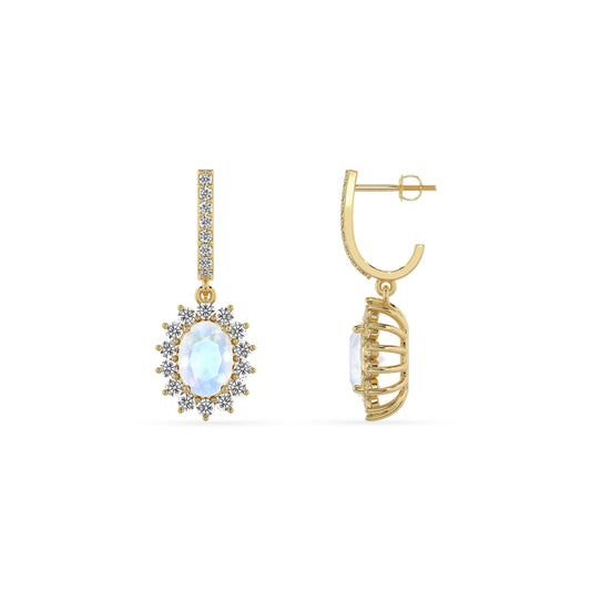 natural rainbow moonstone oval drop earrings in yellow gold 