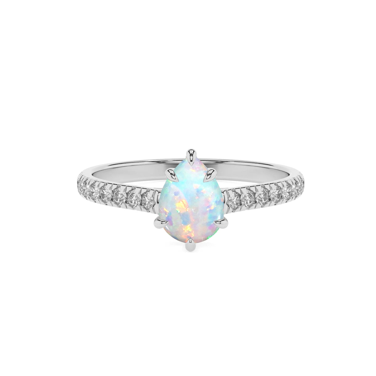 lab grown opal pear half eternity solitaire engagement rings in white gold 