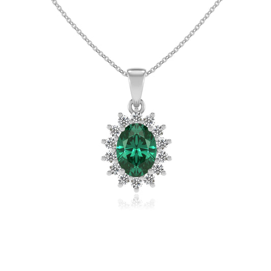 lab grown emerald oval halo necklaces in white gold 