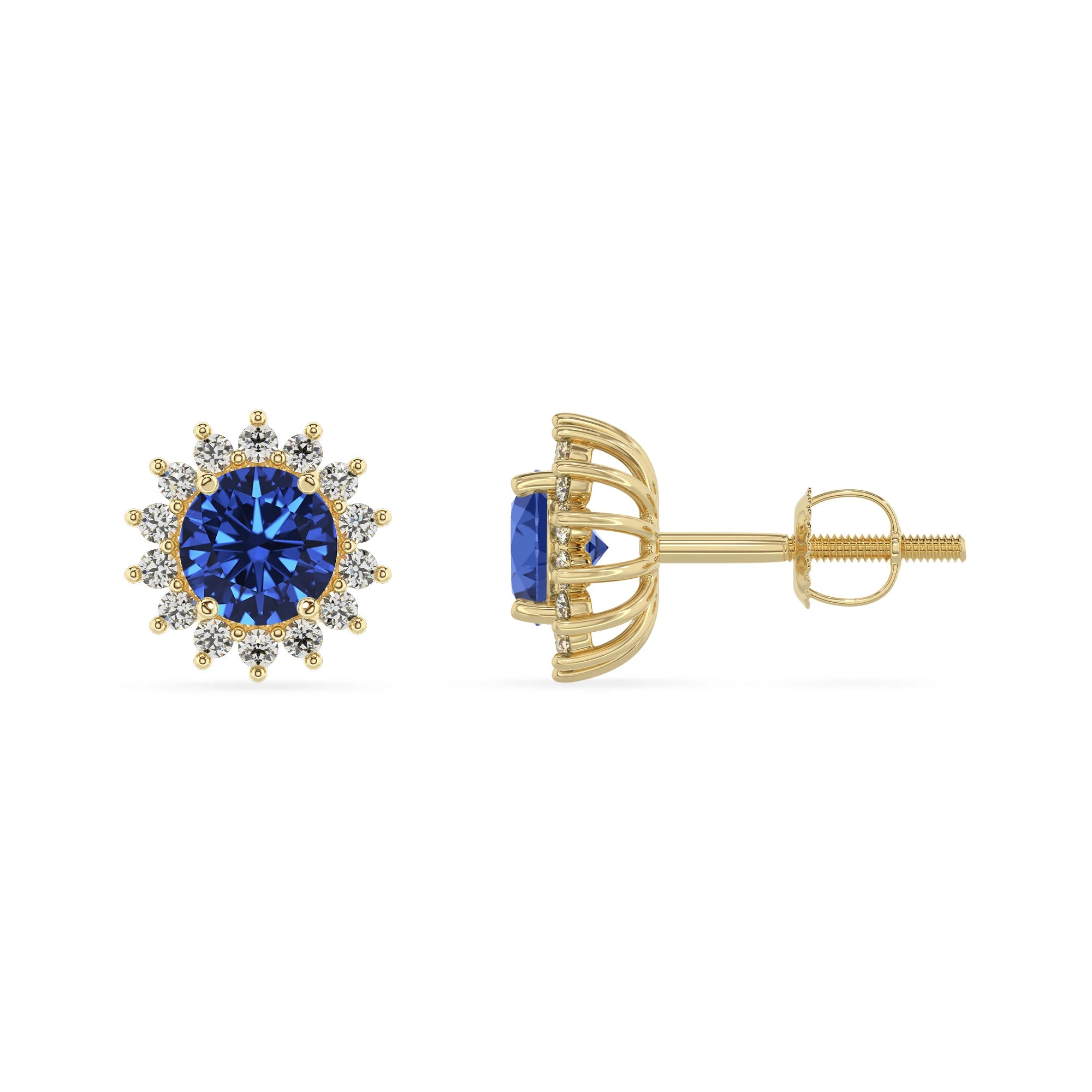 lab grown blue sapphire round stud earrings in yellow gold 