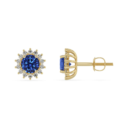 lab grown blue sapphire round stud earrings in yellow gold 