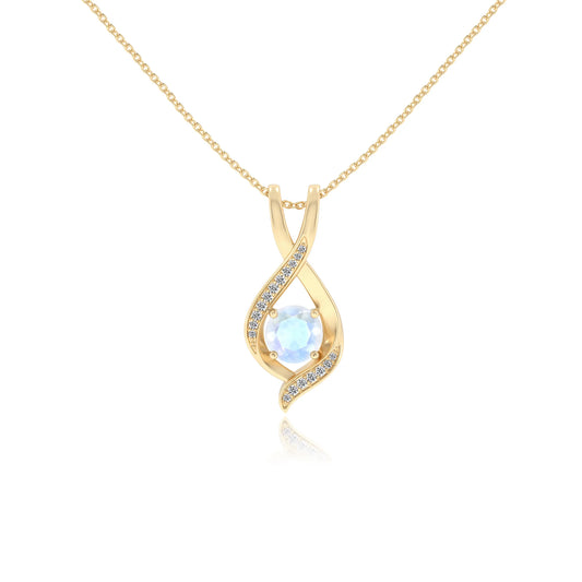 natural rainbow-moonstone round solitaire necklaces in yellow gold 