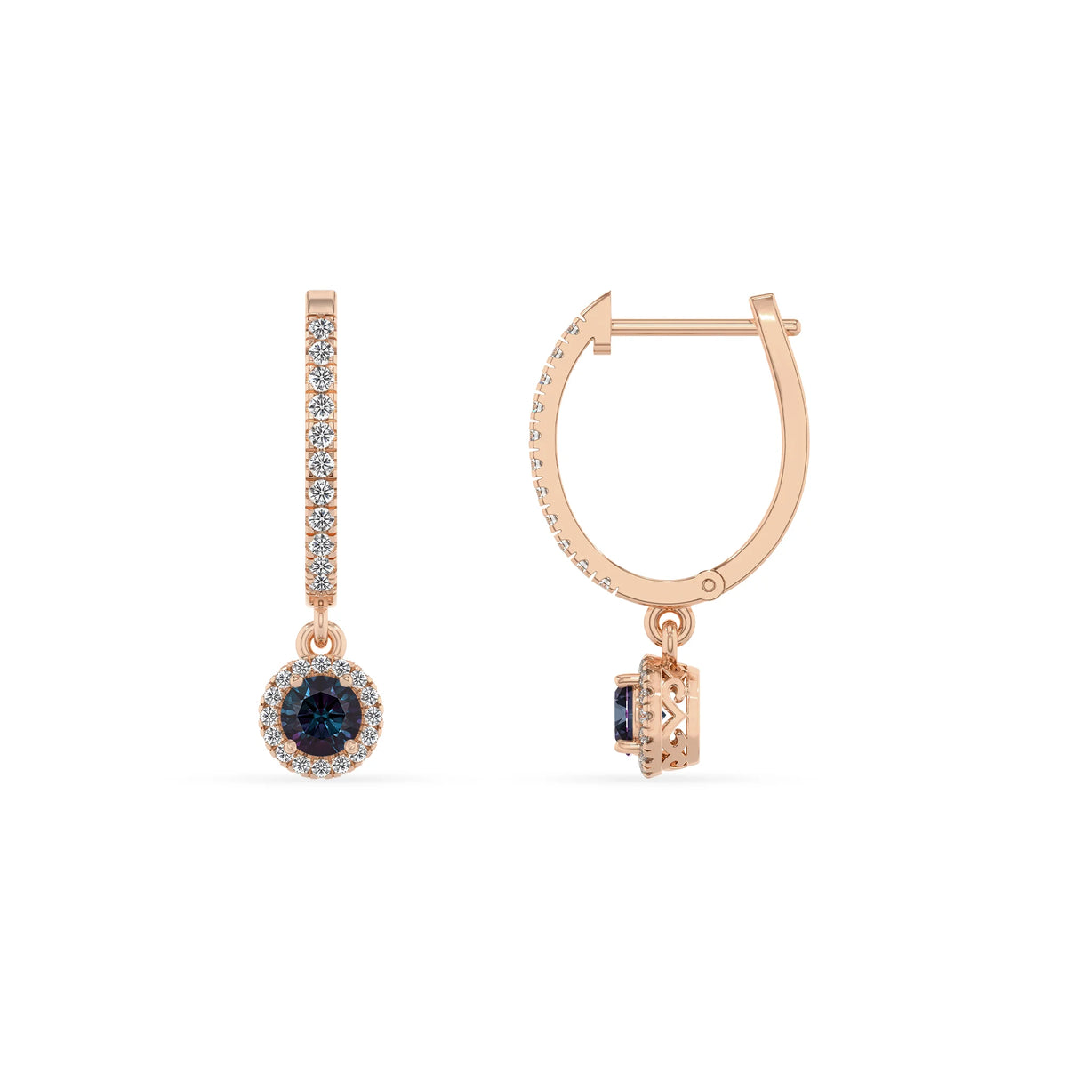 lab grown alexandrite round drop earrings in rose gold 
