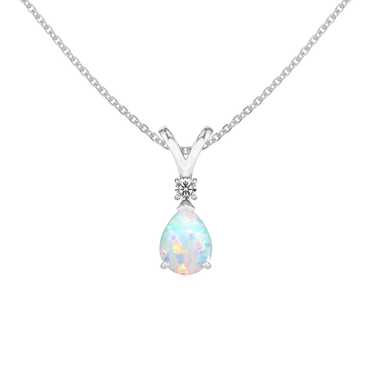 lab grown opal pear solitaire v-bale necklaces in white gold 