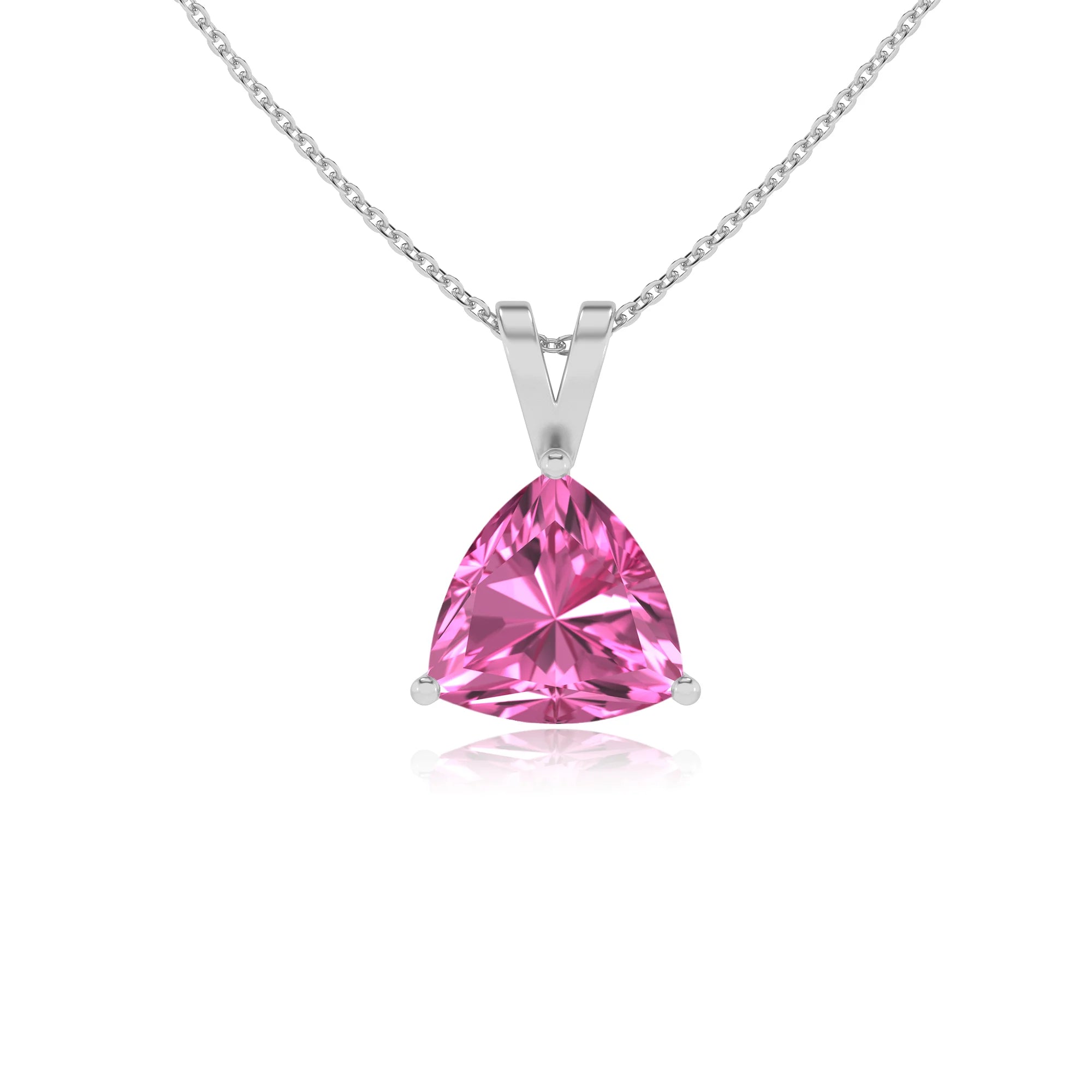 lab grown pink-sapphire trillion solitaire v-bale necklaces in sterling silver 