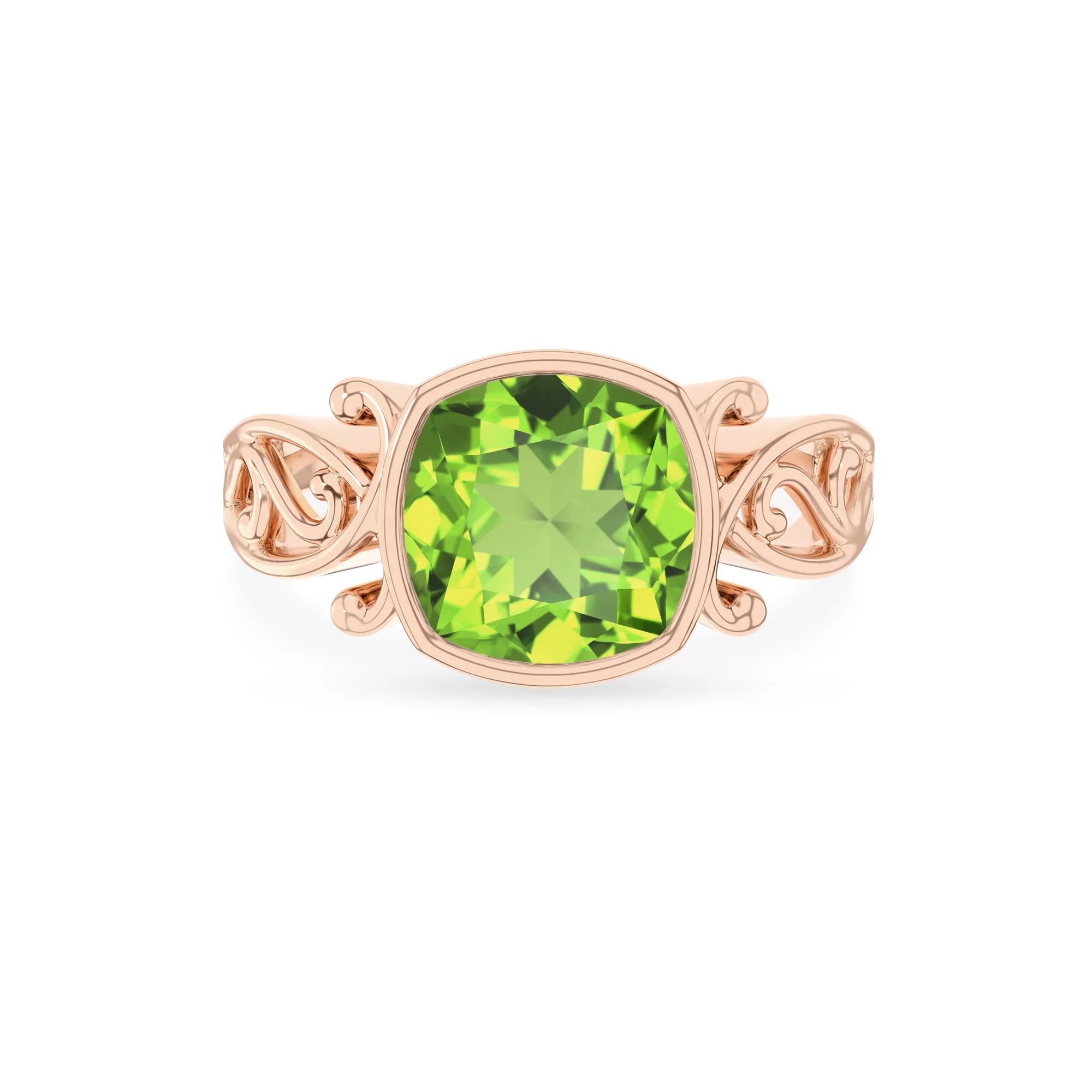 natural peridot cushion solitaire rings in rose gold 