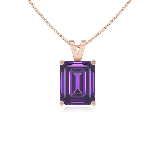 lab grown amethyst emerald cut solitaire v-bale necklaces in rose gold 