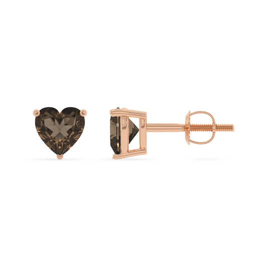 natural smoky quartz heart stud earrings in rose gold 