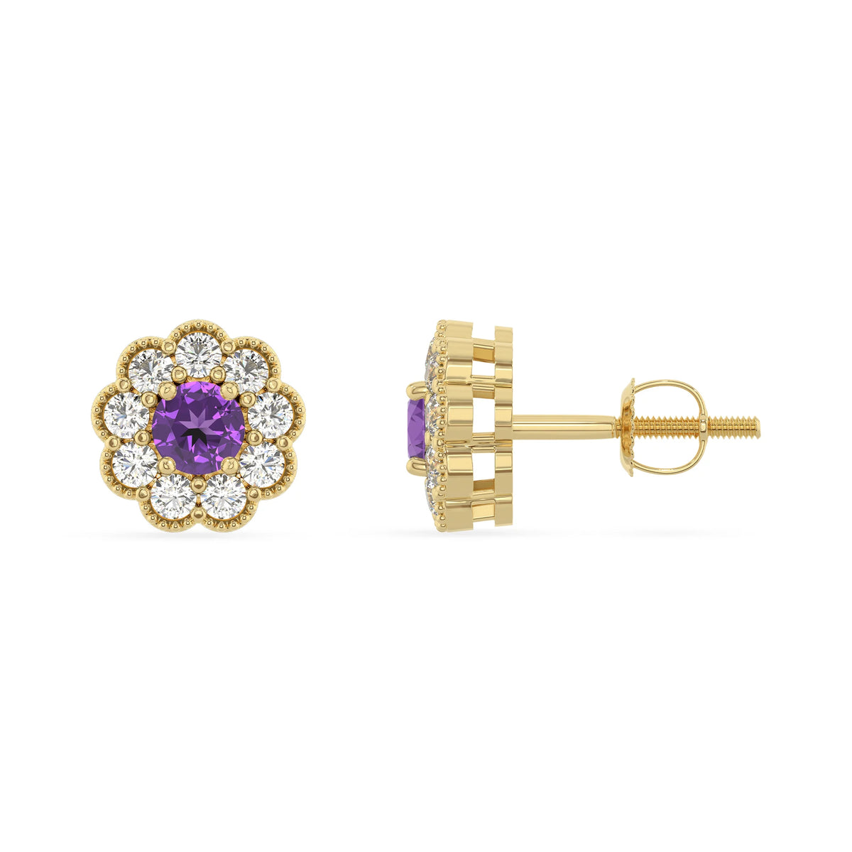 lab grown amethyst round stud earrings in yellow gold 